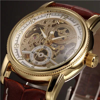 Montre pour hommes squelette mécanique automatique — style Steampunk, bracelet en cuir, horloge