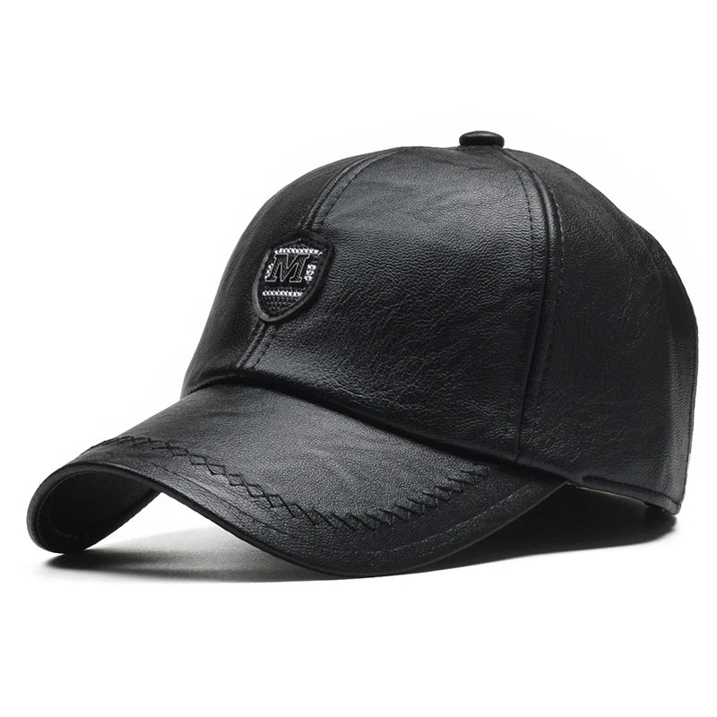 Casquette de baseball en cuir PU d'hiver pour hommes — oreillettes, snapback réglable