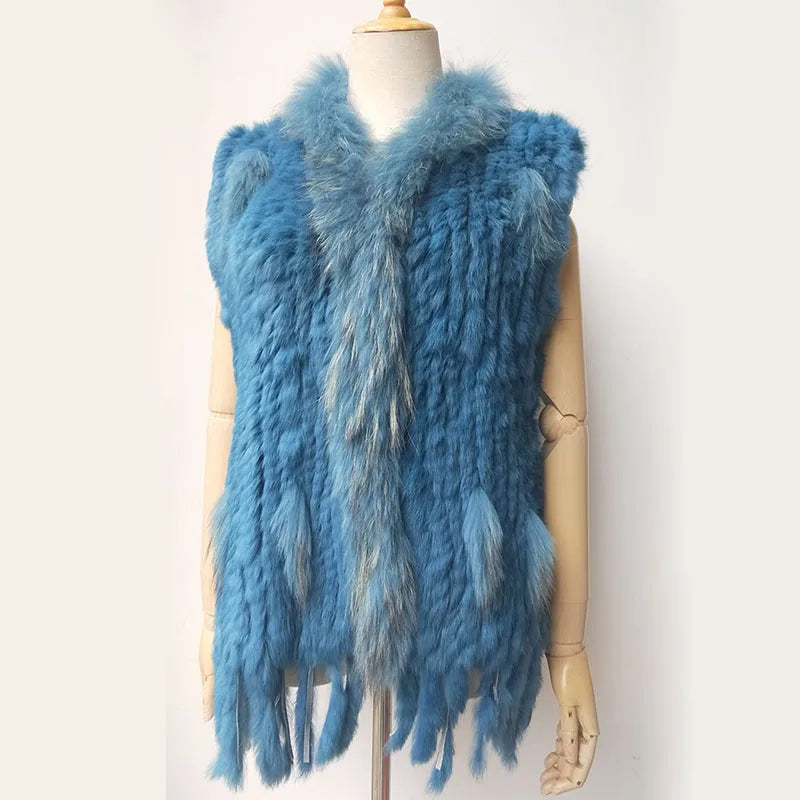 Chaleco de punto de piel de conejo natural auténtica con pompón, chaleco cálido sin mangas para mujer, con ribete de piel de mapache auténtica