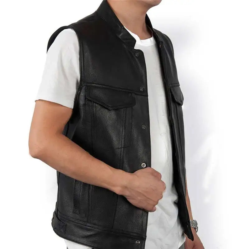 Gilet moto en cuir pour homme — punk, noir, printemps, veste biker