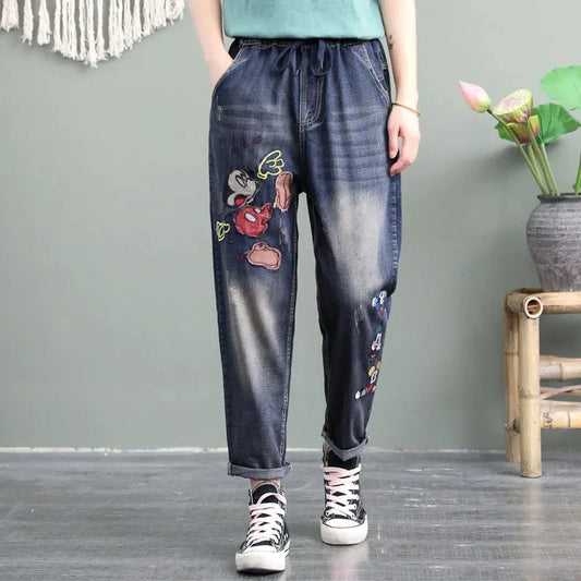 2025 New Spring New Ethnic Embroidery Elastic Waist Jeans for Women Loose High Waist Women's Harem Pants Women's Retro Denim Pants