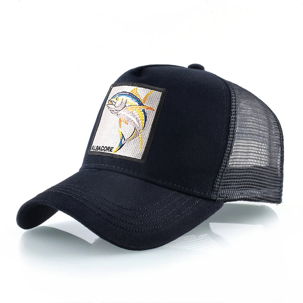 Gorra de béisbol de malla transpirable para mujer, gorra de camionero con parche de atún blanco, Hip Hop, gorra de hueso con solapa