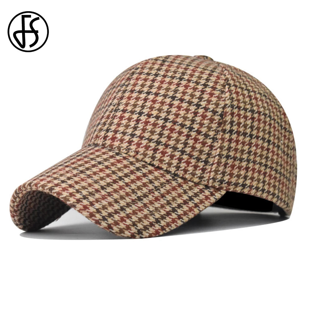 FS Luxury Plaid Baseball Caps for Men, Vintage Brown Houndstooth Hat for Women, Cotton Streetwear Style Trucker Cap, Women's Cap 2026