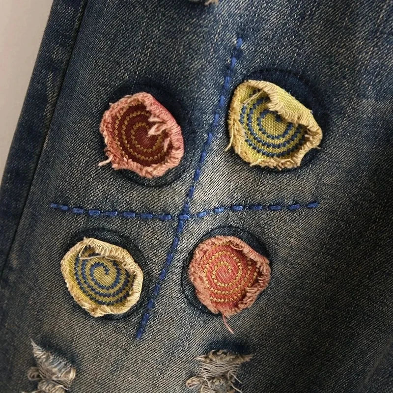 2025 New Spring New Ethnic Embroidery Elastic Waist Jeans for Women Loose High Waist Women's Harem Pants Women's Retro Denim Pants