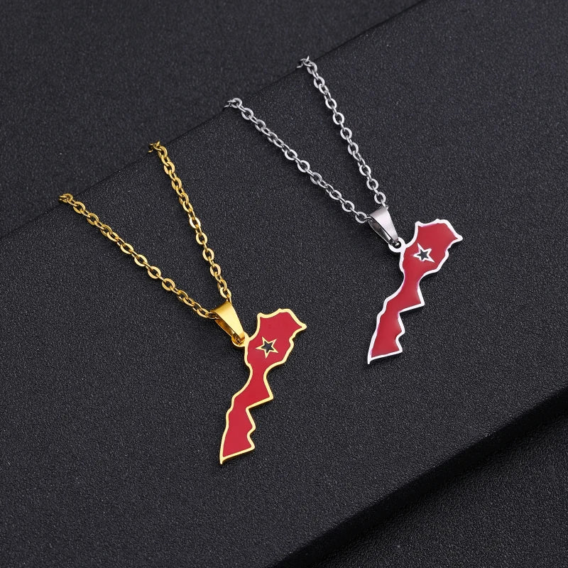 Royaume du Maroc Carte Drapeau Pendentif Collier En Acier Inoxydable Hommes Femmes Bijoux ethniques africains Le Royaume Du Maroc Drapeau National