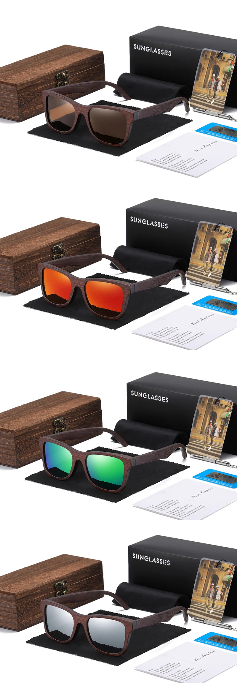 Lunettes de soleil en bois de bambou naturel polarisées faites à la main — miroir, boîte cadeau