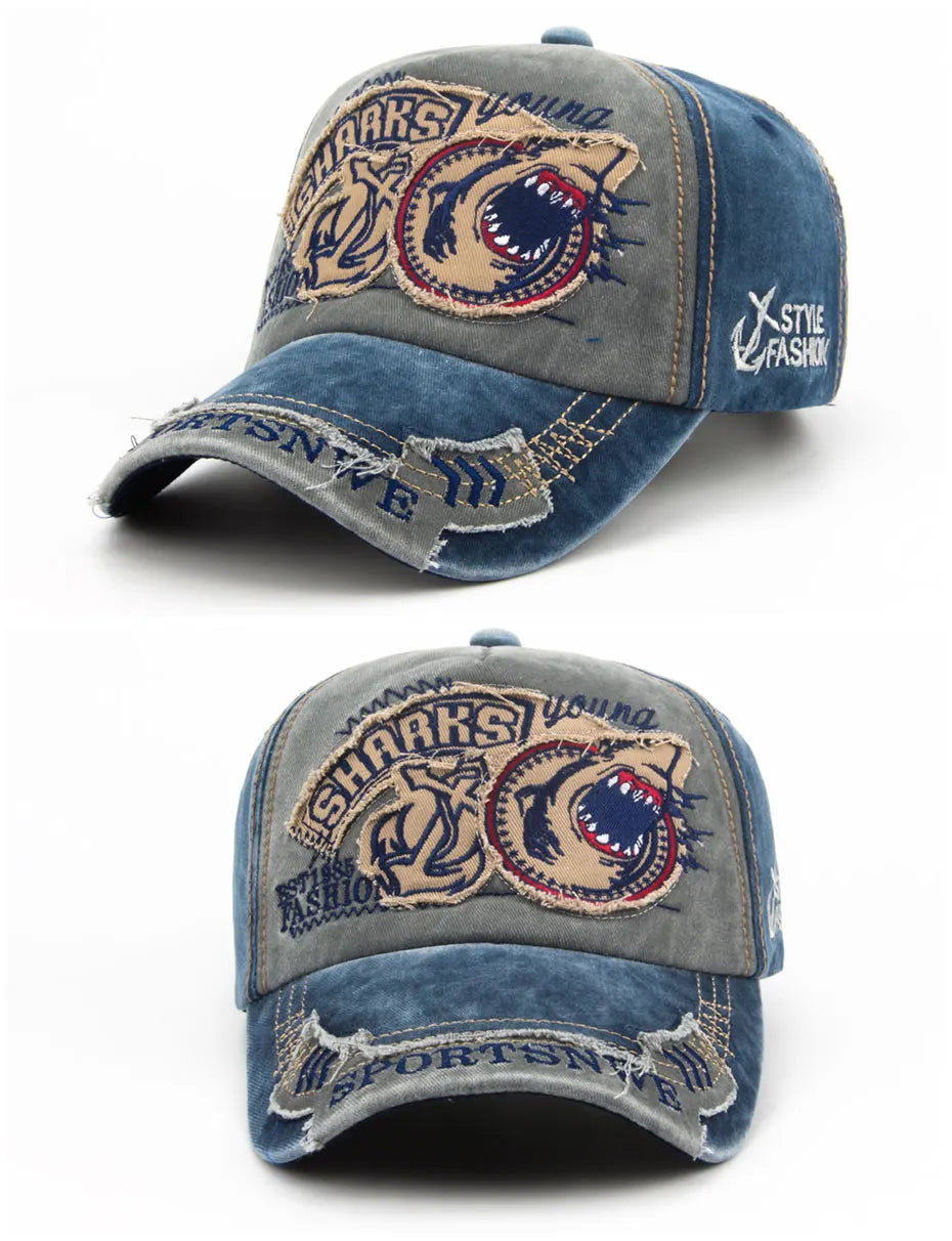 Casquette de baseball en coton avec requin brodé — snapback, hip-hop, unisexe, décontracté
