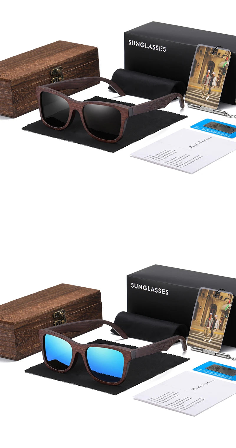 Lunettes de soleil en bois de bambou naturel polarisées faites à la main — miroir, boîte cadeau