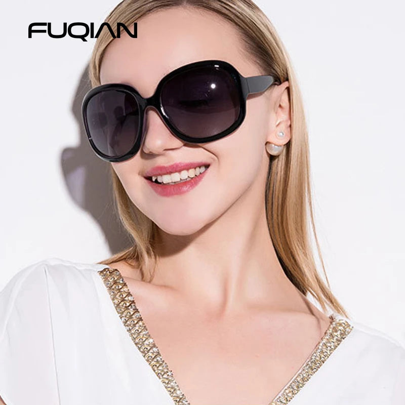 Gafas de sol polarizadas redondas grandes de diseño elegante marca FUQIAN para mujer, a la moda, de plástico grande, para mujer, UV400