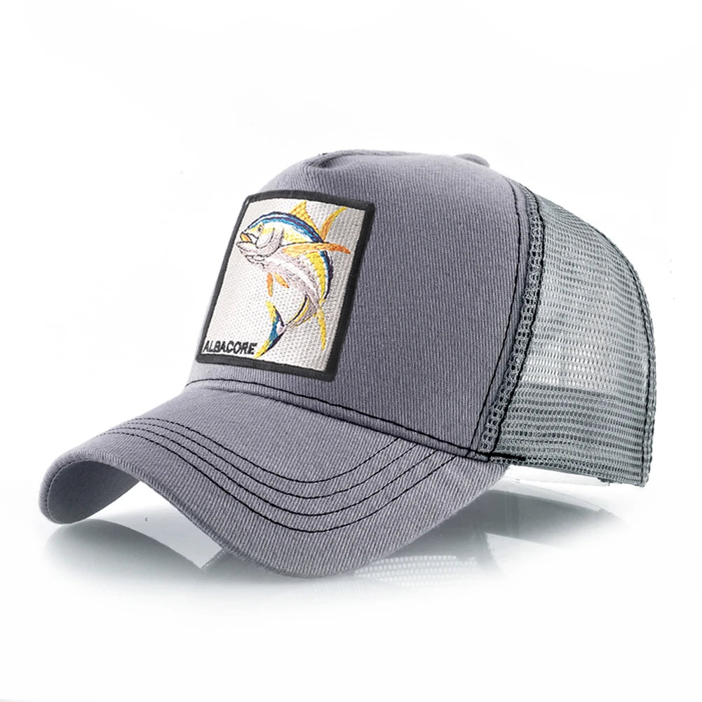 Gorra de béisbol de malla transpirable para mujer, gorra de camionero con parche de atún blanco, Hip Hop, gorra de hueso con solapa