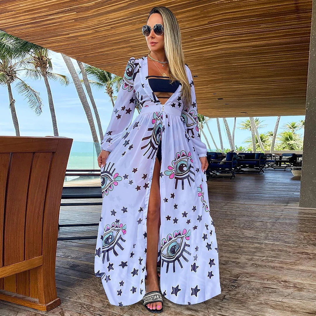 Blue Eyes Bikini Cover-Up, Tuniques de plage, Long Kaftan, Robe de plage, Sarong, Maillots de bain