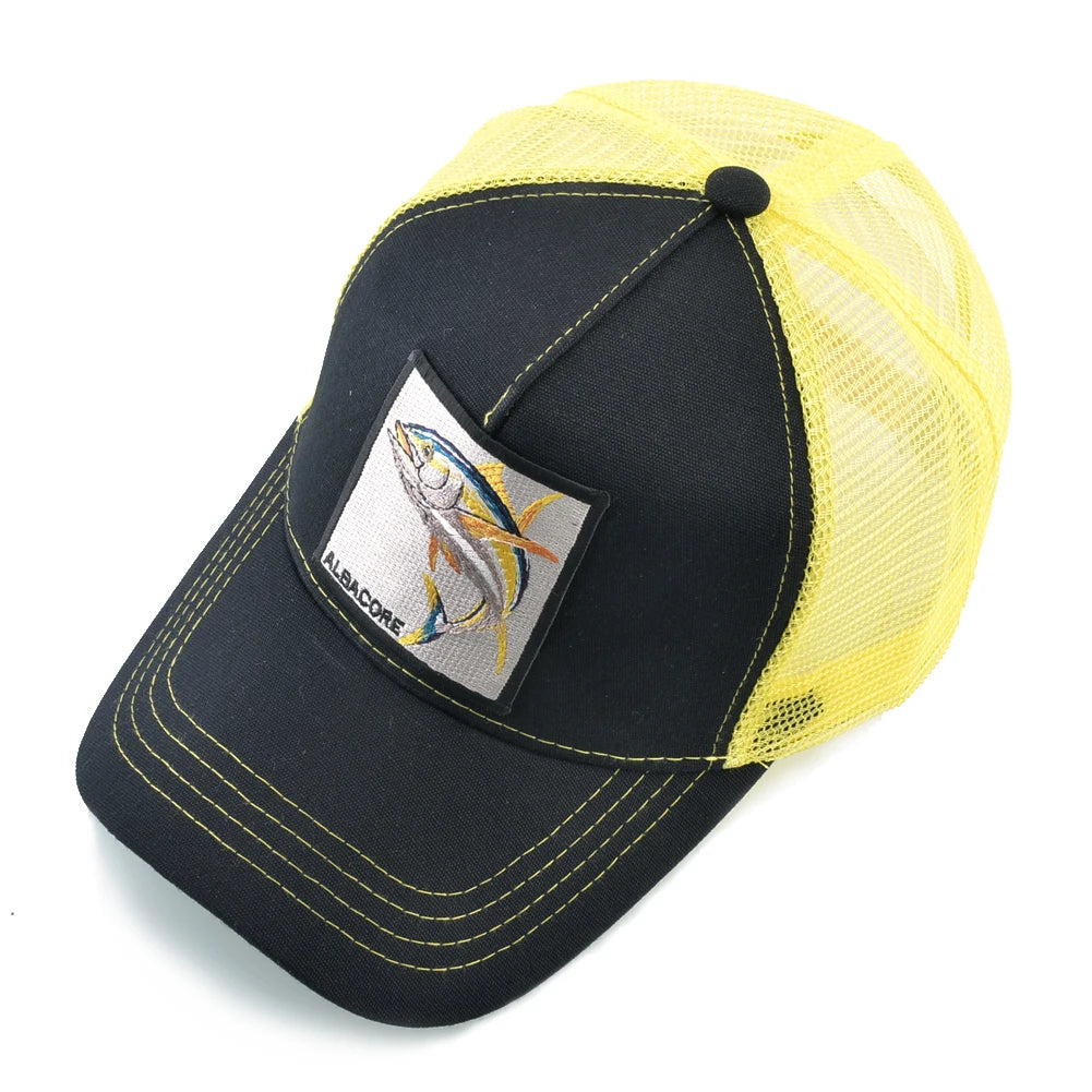 Gorra de béisbol de malla transpirable para mujer, gorra de camionero con parche de atún blanco, Hip Hop, gorra de hueso con solapa