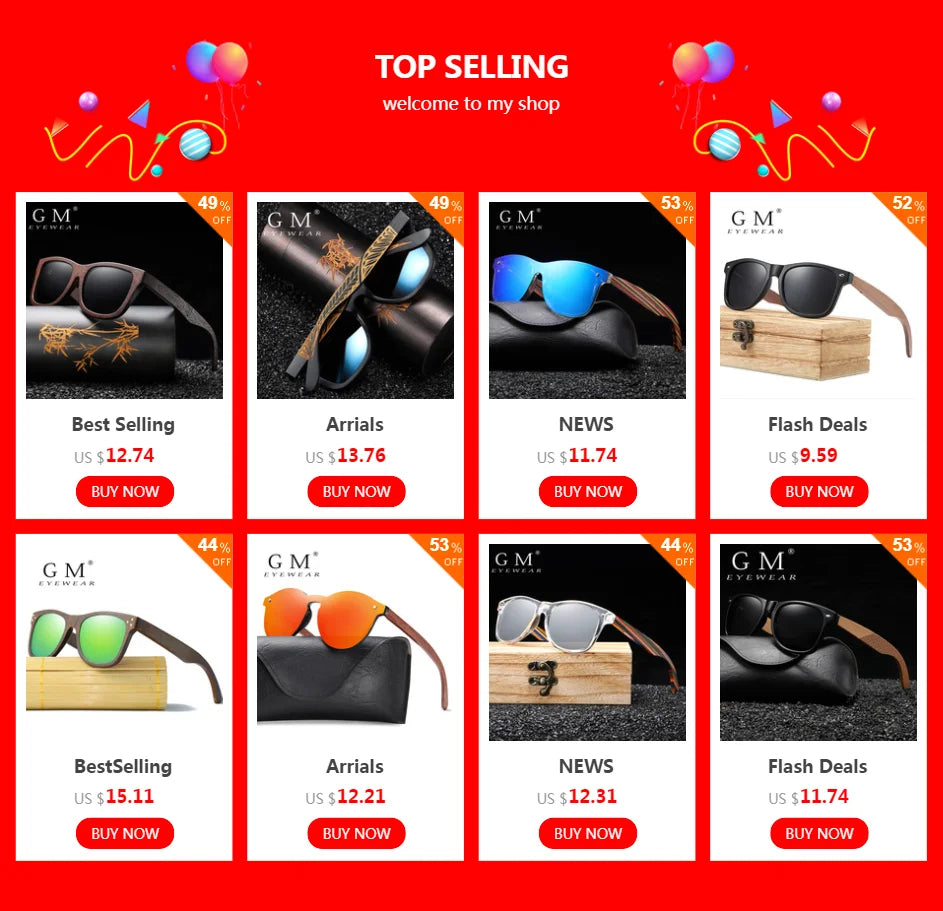 Lunettes de soleil en bois de bambou naturel polarisées faites à la main — miroir, boîte cadeau