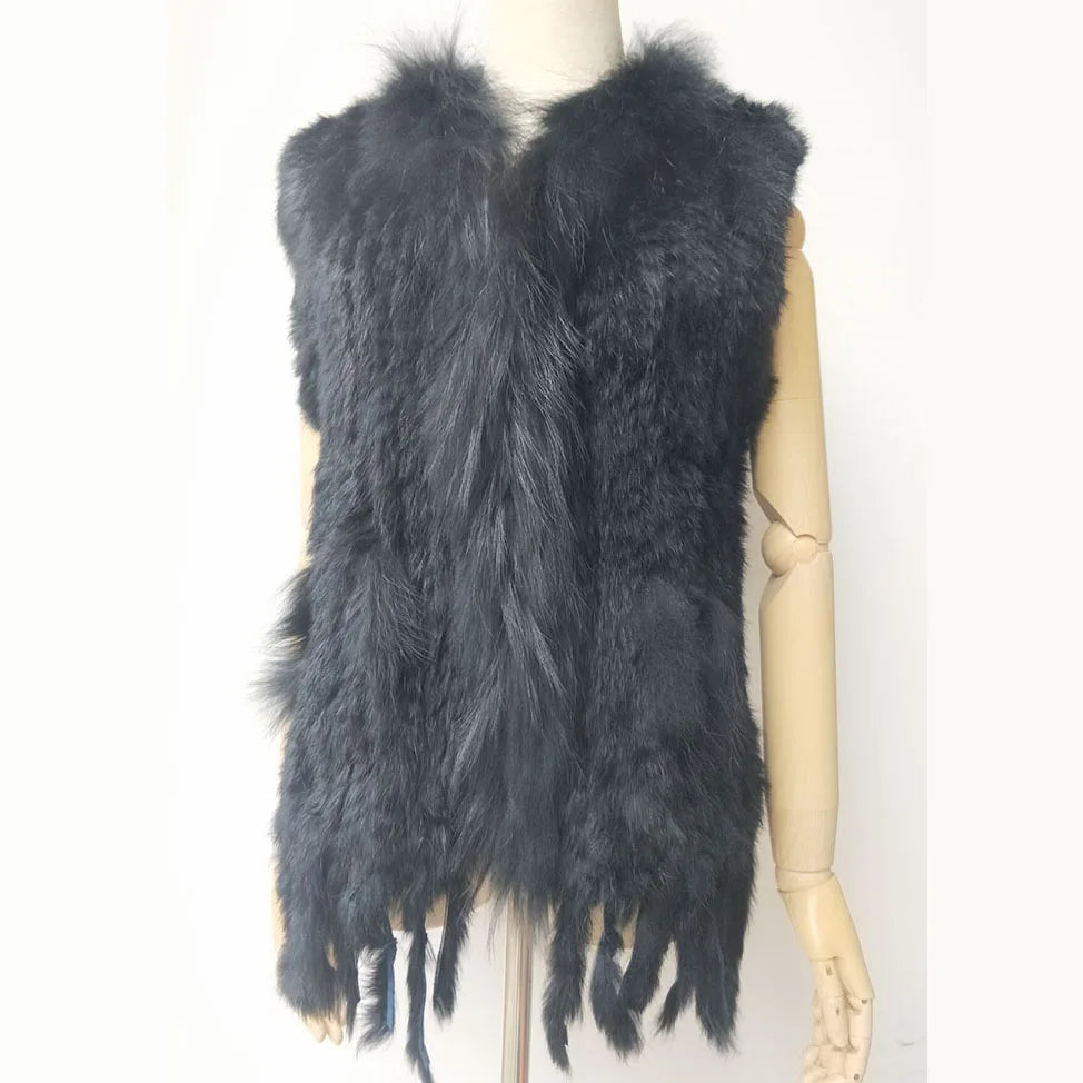 Chaleco de punto de piel de conejo natural auténtica con pompón, chaleco cálido sin mangas para mujer, con ribete de piel de mapache auténtica