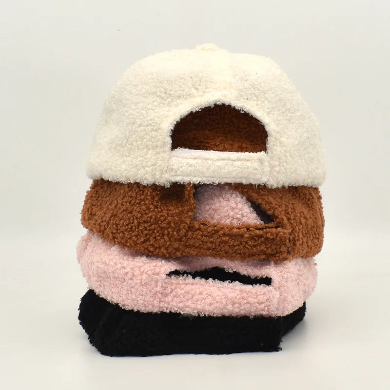 Plush Lamb Wool Girls Baseball Cap, Women's Warm Adjustable Size Trendy Teddy Hats for Women, New Winter Collection