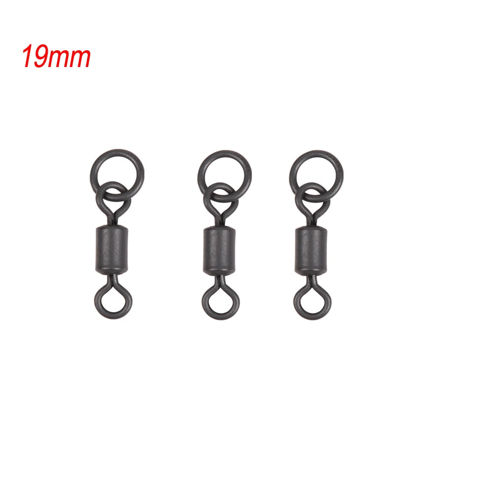 Émerillons roulants pour pêche à la carpe, 30 pièces, noir mat, corps Long, changement rapide, avec anneau, connecteur à pression, accessoires de pêche à la carpe