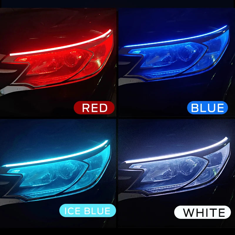 2 piezas faros de coche intermitentes, luces DRL LED de freno de flujo blanco y ámbar, tira flexible impermeable de 12 V para luces diurnas de coche
