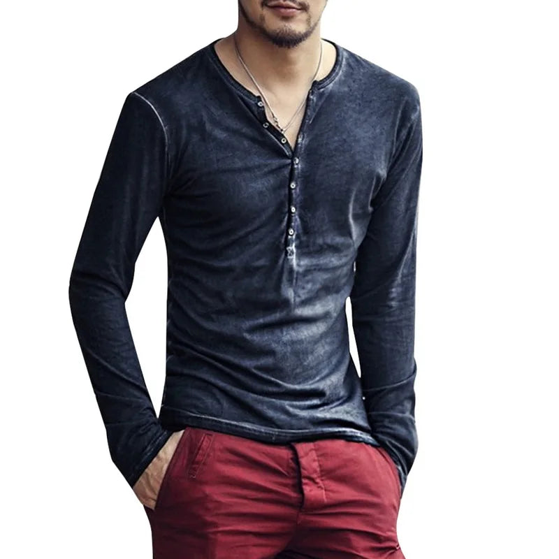 T-shirt Homme Col V Manches Longues & Hauts Élégants à Boutons T-shirt Henley Décontracté Automne 2026 Vêtement Masculin Uni 5XL
