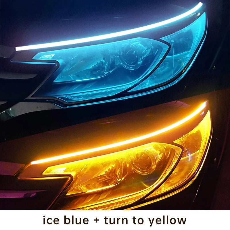 2 piezas faros de coche intermitentes, luces DRL LED de freno de flujo blanco y ámbar, tira flexible impermeable de 12 V para luces diurnas de coche