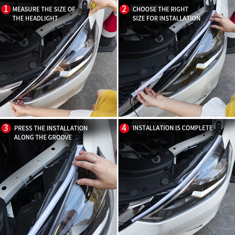 2 piezas faros de coche intermitentes, luces DRL LED de freno de flujo blanco y ámbar, tira flexible impermeable de 12 V para luces diurnas de coche