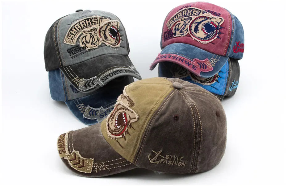 Casquette de baseball en coton avec requin brodé — snapback, hip-hop, unisexe, décontracté