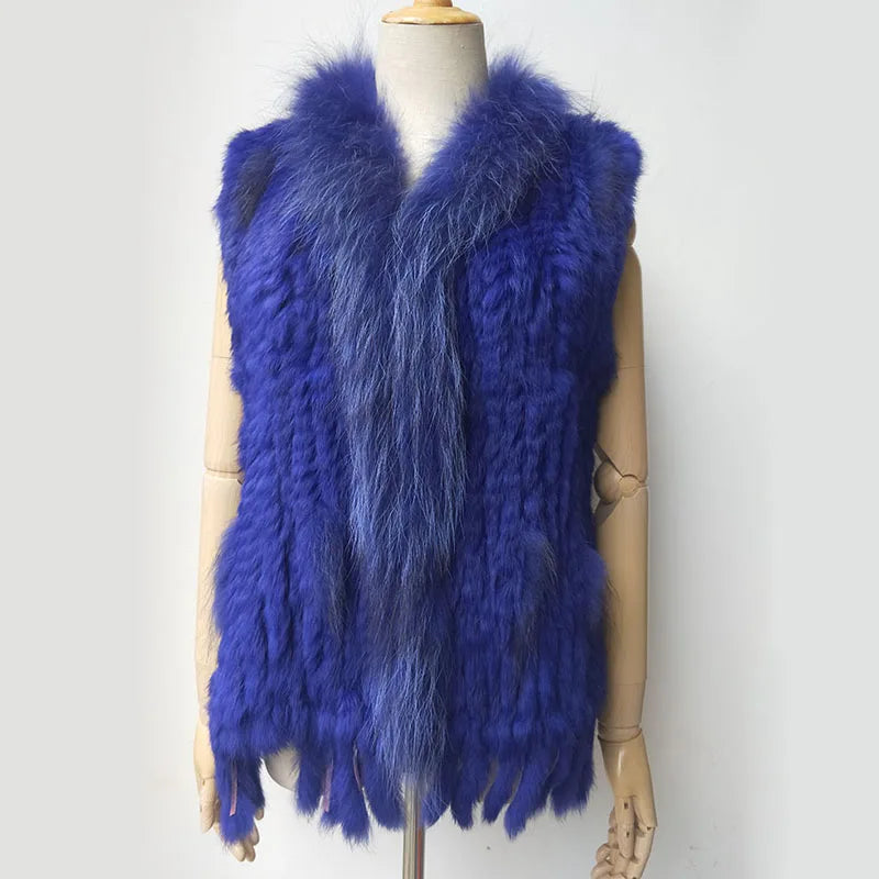 Chaleco de punto de piel de conejo natural auténtica con pompón, chaleco cálido sin mangas para mujer, con ribete de piel de mapache auténtica