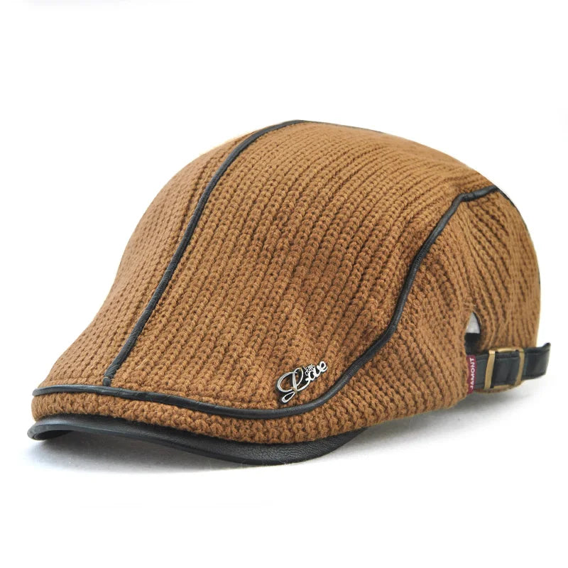 Béret casquette plate tricotée en cuir pour hommes — visière, snapback (v2)