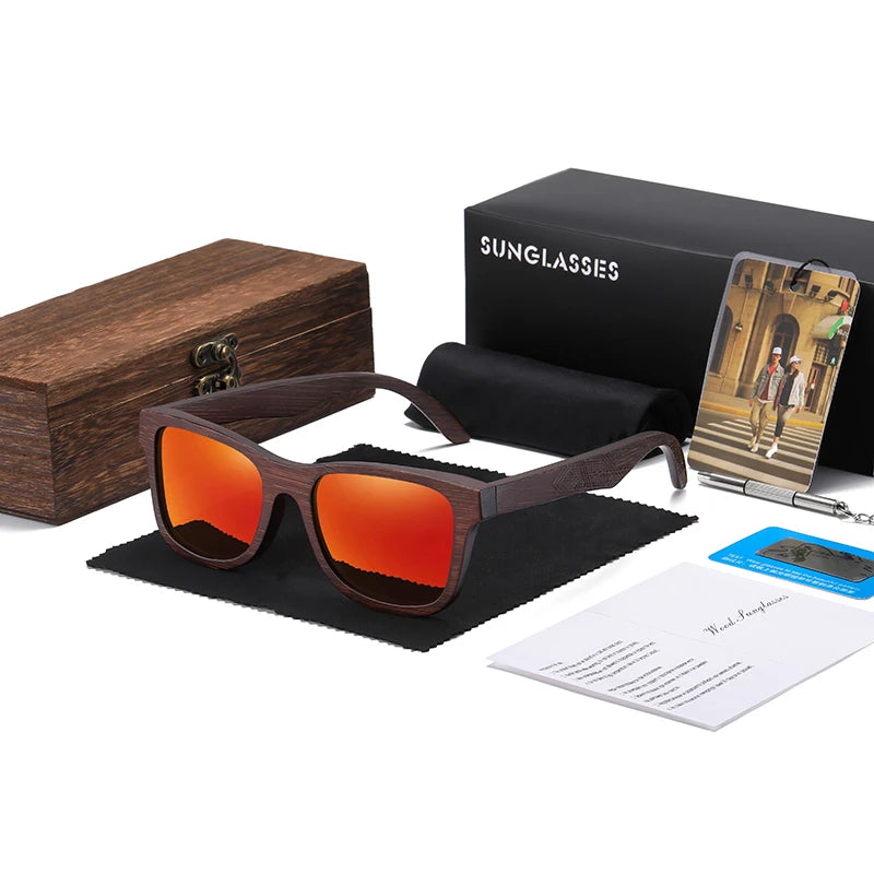 Lunettes de soleil en bois de bambou naturel polarisées faites à la main — miroir, boîte cadeau