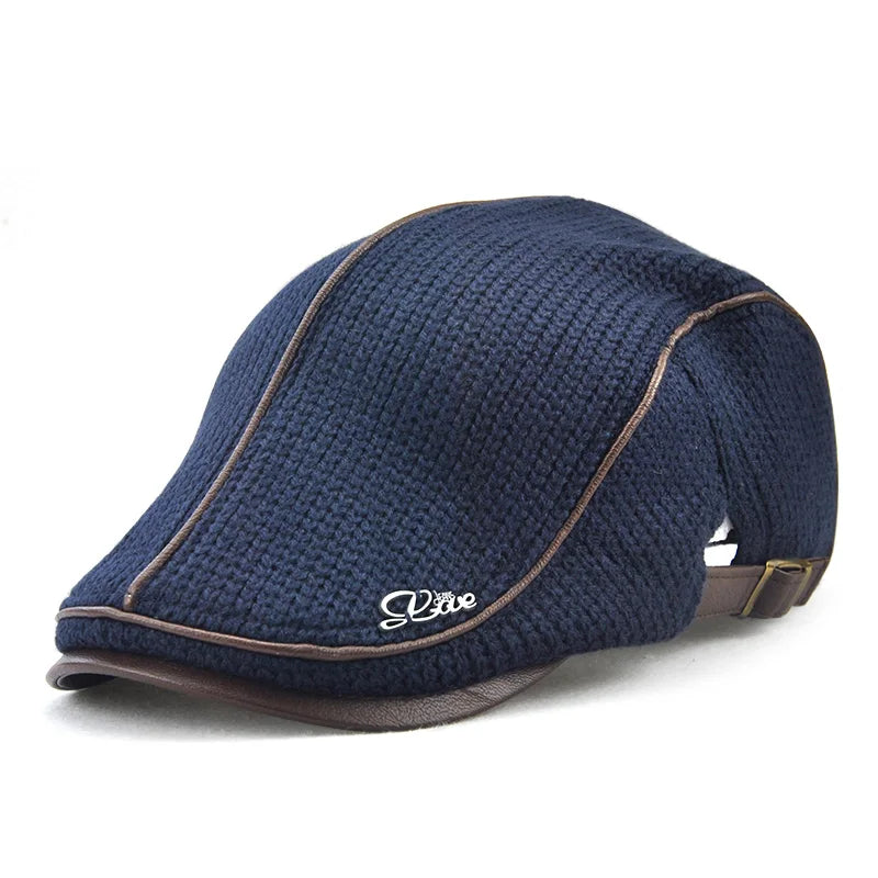 Béret casquette plate tricotée en cuir pour hommes — visière, snapback, haute qualité