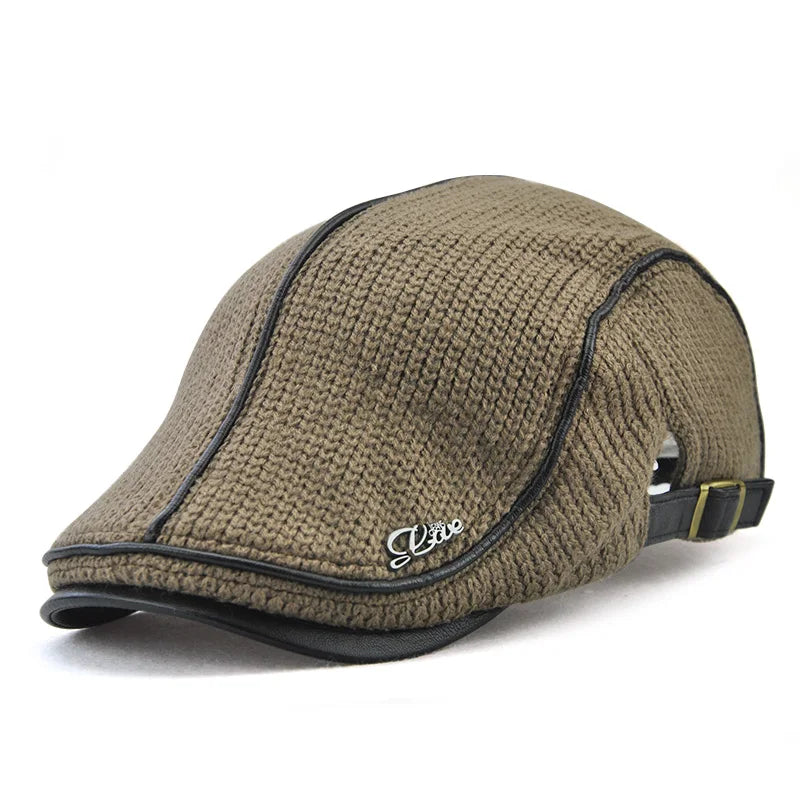 Béret casquette plate tricotée en cuir pour hommes — visière, snapback, haute qualité
