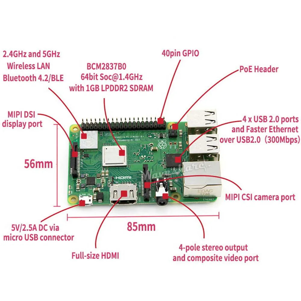 Original Element14 Raspberry Pi 3 modèle B/B + 3B + Plus, la troisième génération Pi A 1.4GHz 64 bits processeur Cortex-A53 quad-core