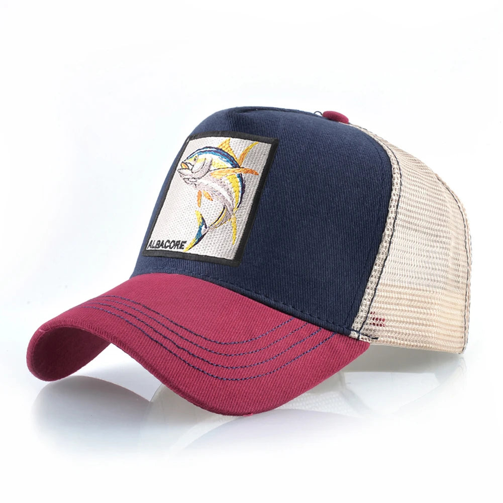 Gorra de béisbol de malla transpirable para mujer, gorra de camionero con parche de atún blanco, Hip Hop, gorra de hueso con solapa