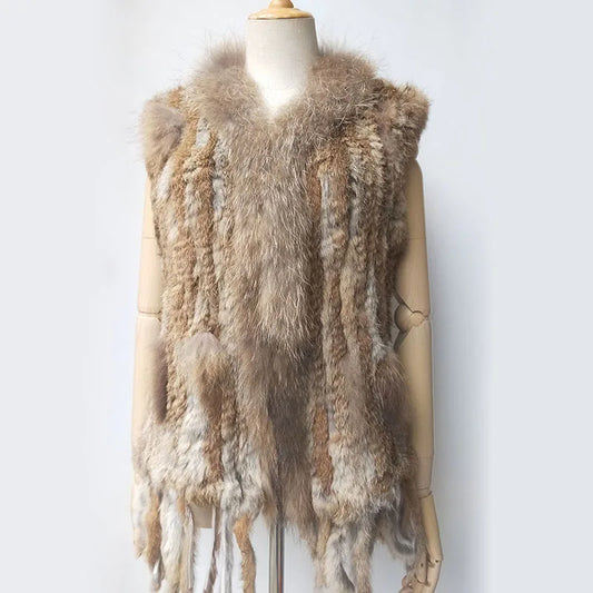 Chaleco de punto de piel de conejo natural auténtica con pompón, chaleco cálido sin mangas para mujer, con ribete de piel de mapache auténtica
