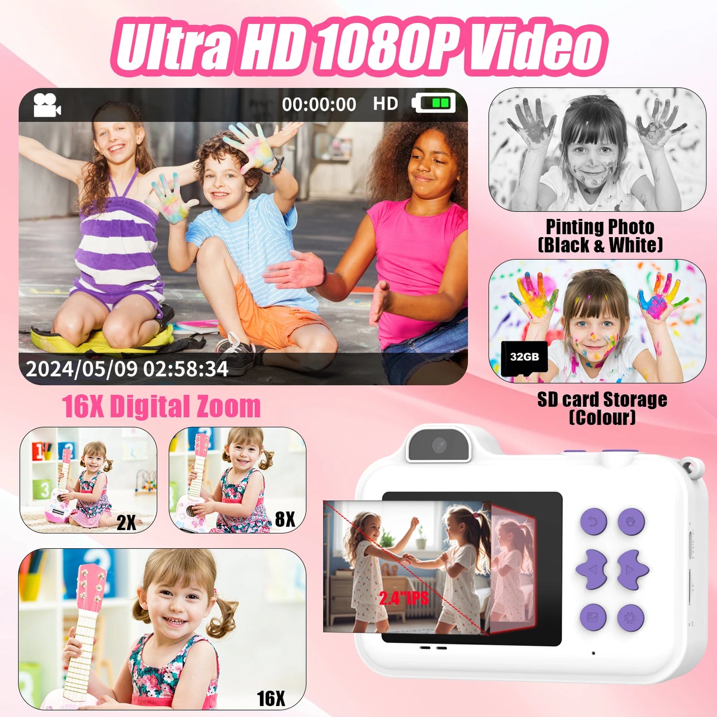 Kids Digital Camera, Instant Print, Dual Lens, 1080P HD Video Recording, 32G, for Boys and Girls, Christmas Gifts, Toys