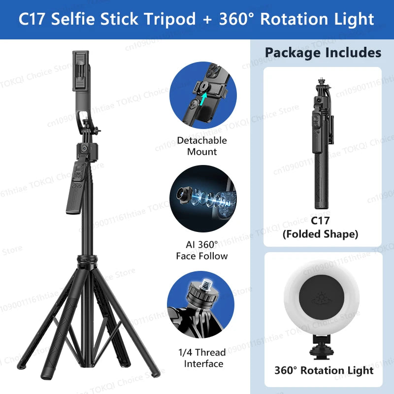 TOKQI C17 – Trépied selfie 360° avec suivi IA automatique, télécommande et lumière de remplissage