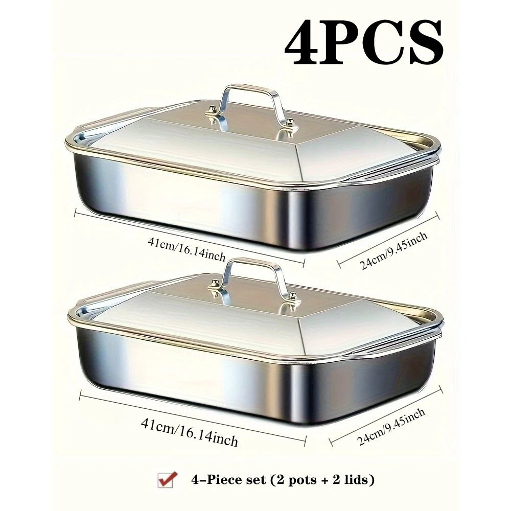 4-Piece Stainless Steel Roaster Pan Set with Lids, 16" x 9" Deep Dish for Fish/Pasta/Roasting Oven, Dishwasher-Safe Cookware, 4.2 L