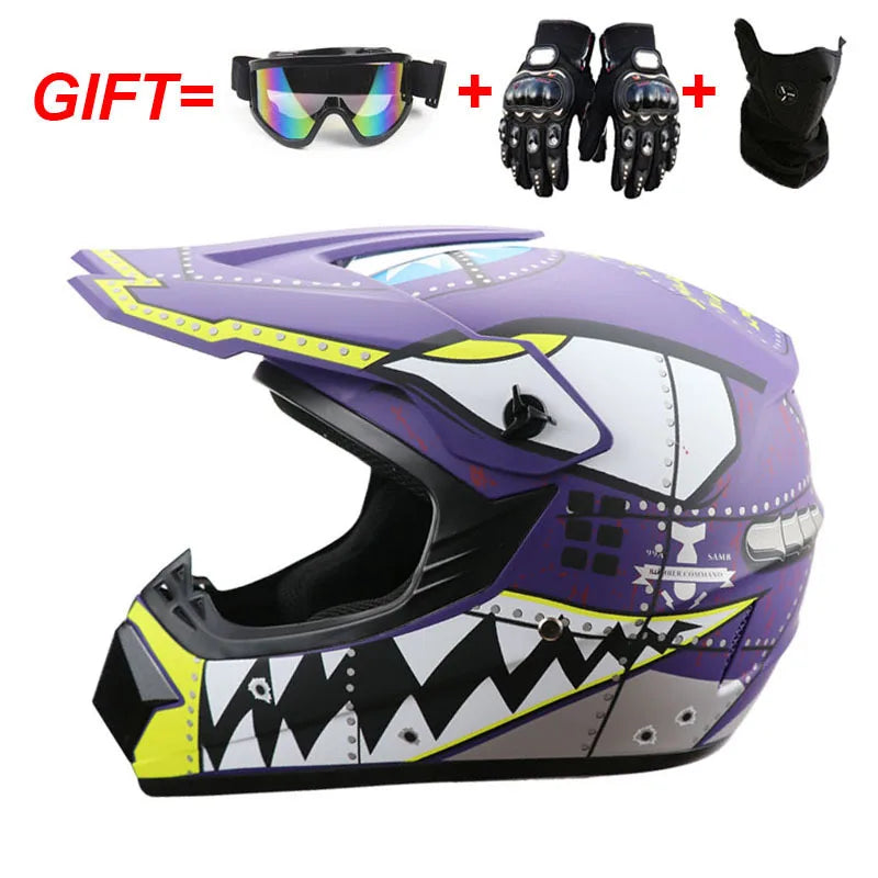 Kids Full Face Motorcycle Helmet, Youth Motocross Helmets, Off-Road Goggles, Cycling Protective Gloves