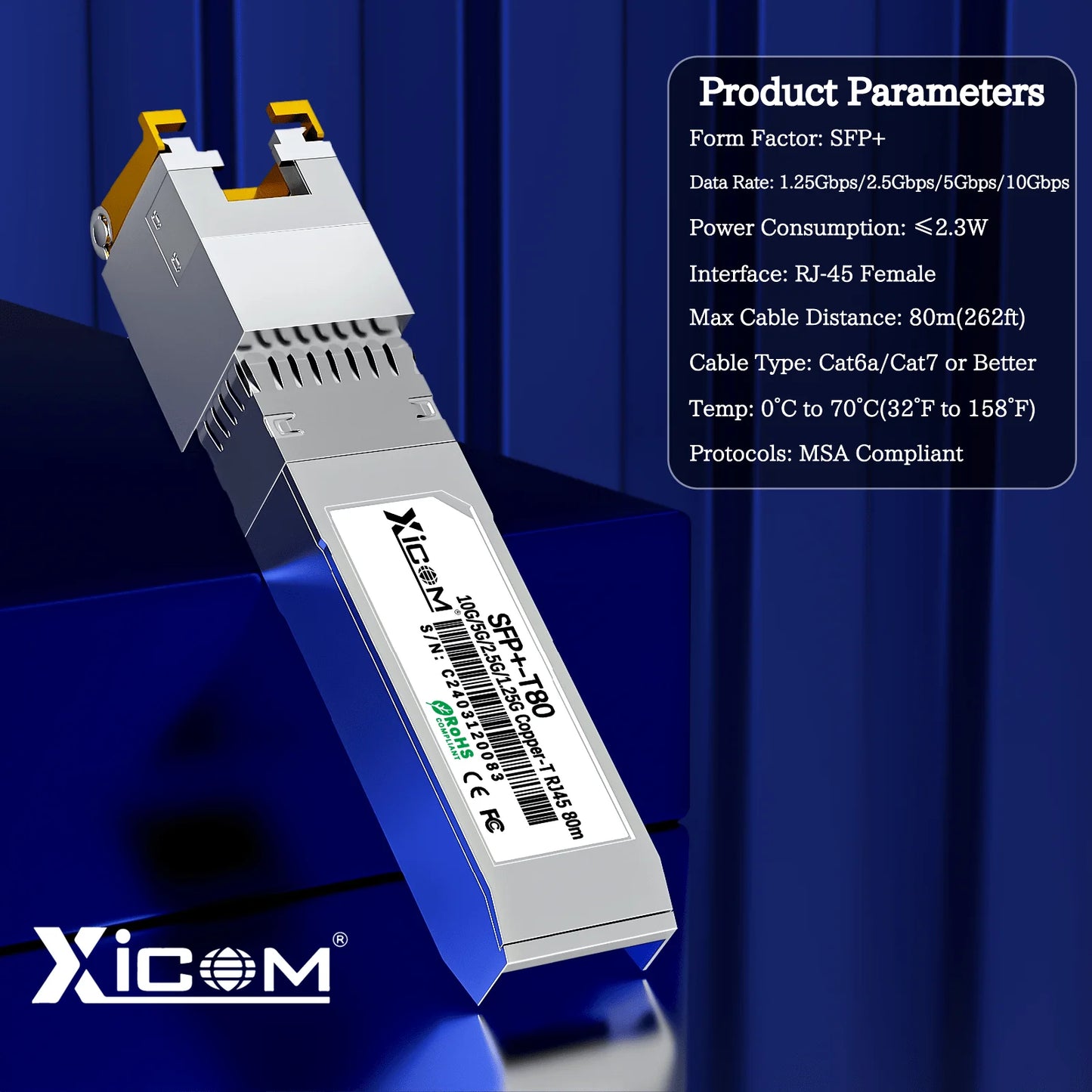 Module émetteur-récepteur SFP+ RJ45 en cuivre 10G — port 80M, compatible 10G/5G/2.5G/1.25G, commutateurs Ethernet
