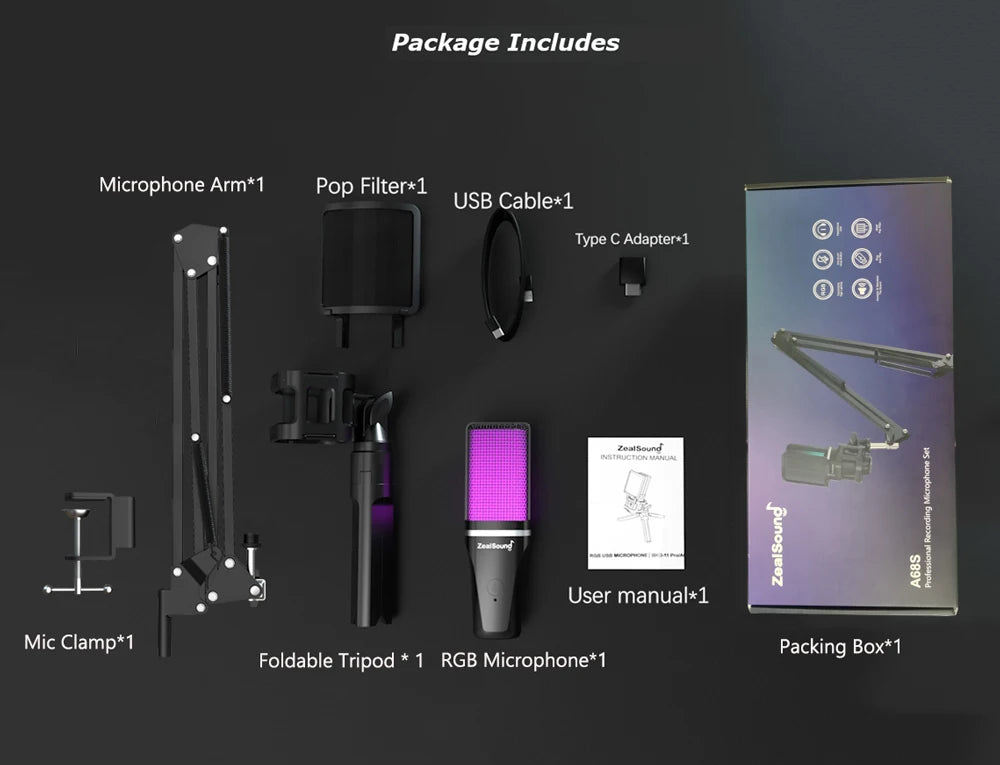 Zealsound – Microphone USB à condensateur RGB avec bras articulé pour gaming, podcast et streaming