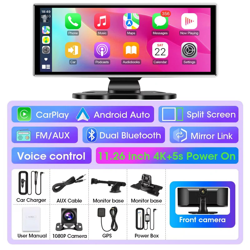 4K Car DVR Dash Cam 11.26" Dual Lens Wireless Carplay Android Auto Video Recorder GPS Navigation Monitor 5G Wifi FM AUX