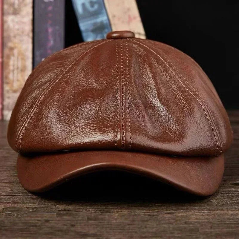Gorras octogonales de piel de vacuno para hombres y mujeres, sombrero frontal, 100% cuero genuino, gorra cálida, boina de pintor masculina, primavera e invierno