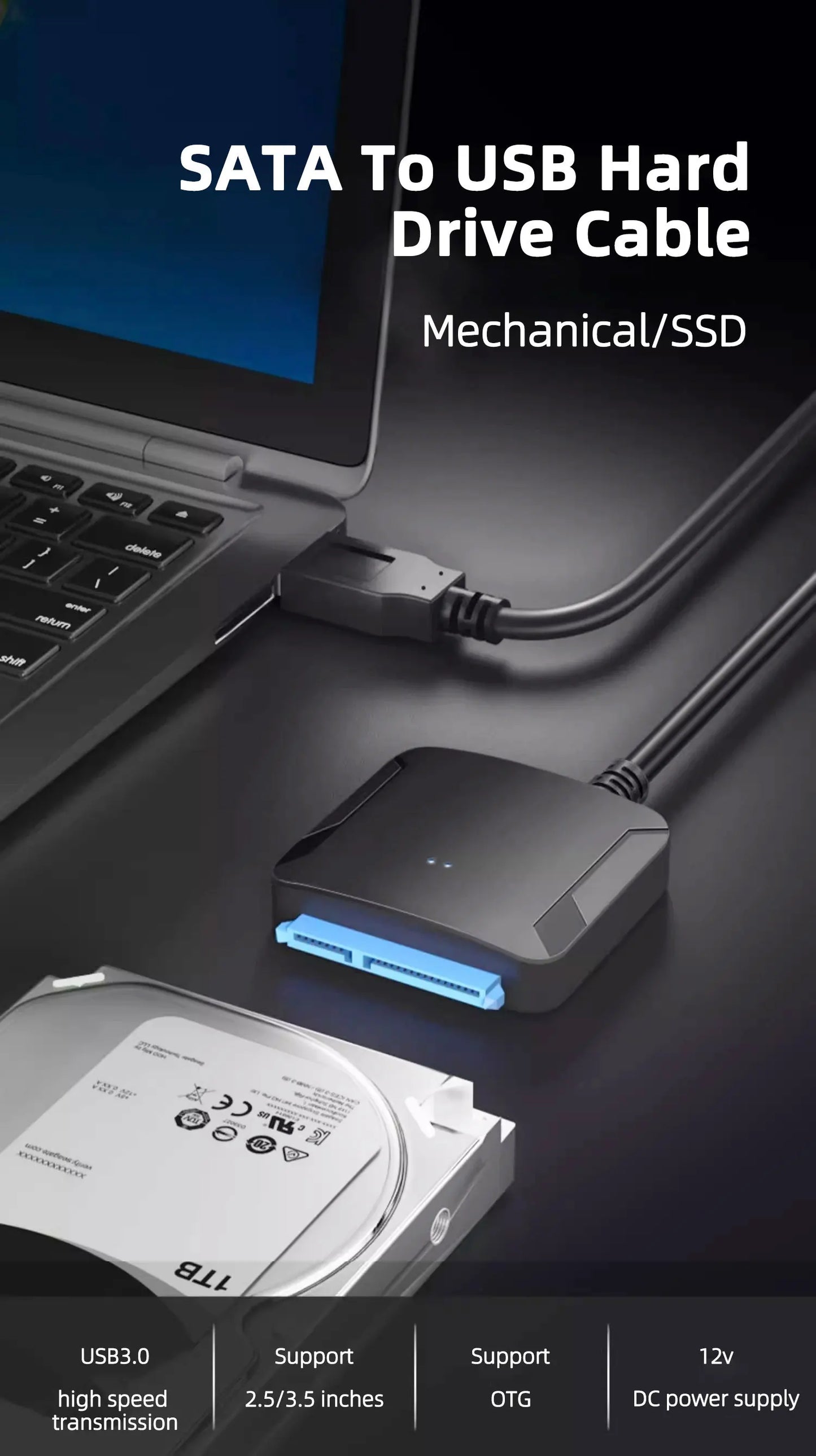 Câble Coolcirc SATA vers USB 3.0 jusqu'à 6 Gbps pour disque dur SSD externe 2.5 pouces adaptateur SATA cordon USB 3.0 vers SATA III