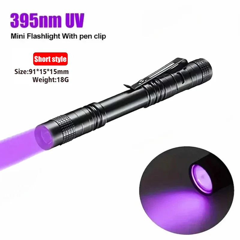 Linterna UV 395nm, antorcha ultravioleta con clip para bolígrafo, pilas AAA portátiles usadas, luz morada, detector de orina de mascotas y escorpiones, lámpara UV
