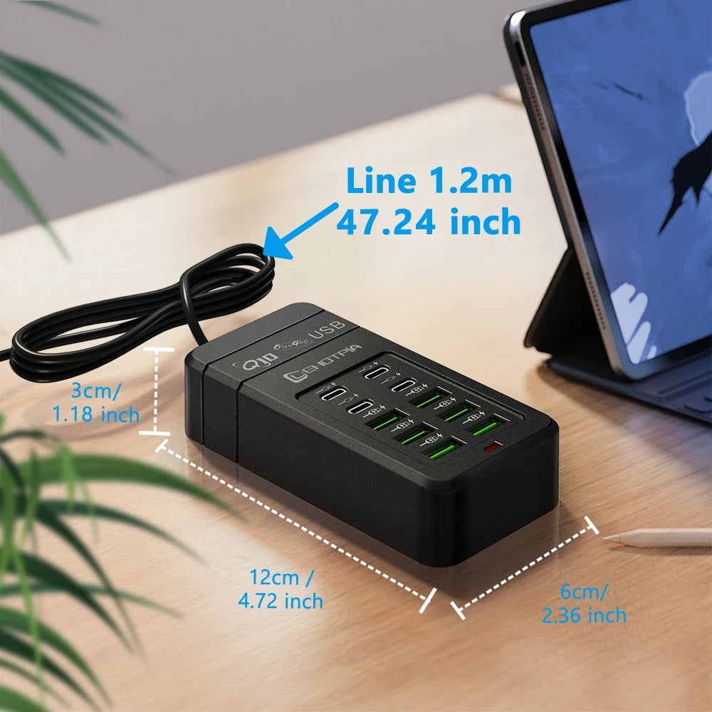 Chargeur USB rapide Multiple, prise ue UK US, adaptateur d'alimentation, rallonge de 1.2m, 6 USB-A 4 USB-C, Portable pour téléphone Portable