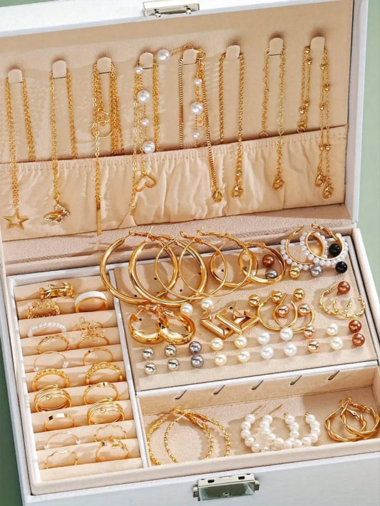 86 pièces/ensemble boucles d'oreilles en perles élégantes, collier multicouche, clous d'oreilles, bagues, ensemble de bijoux 4 en 1 pour femmes, usage quotidien, cadeau (sans boîte)