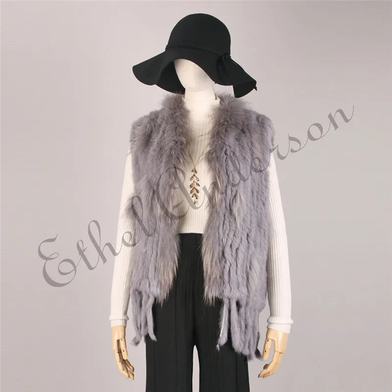 Gilet à glands en véritable fourrure de lapin tricoté — vintage, garniture fourrure raton laveur
