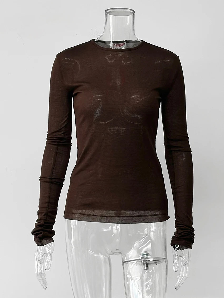 T-shirt femme mince marron 2026 — décontracté, col rond, manches longues, élégant, simple