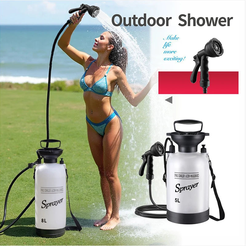 Douche de Camping manuelle extérieure, pompe de douche multifonctionnelle 3/5/8L pour bain d'animaux de compagnie, lavage de voiture, outil de douche Portable avec tuyau de 3m 1 pièce