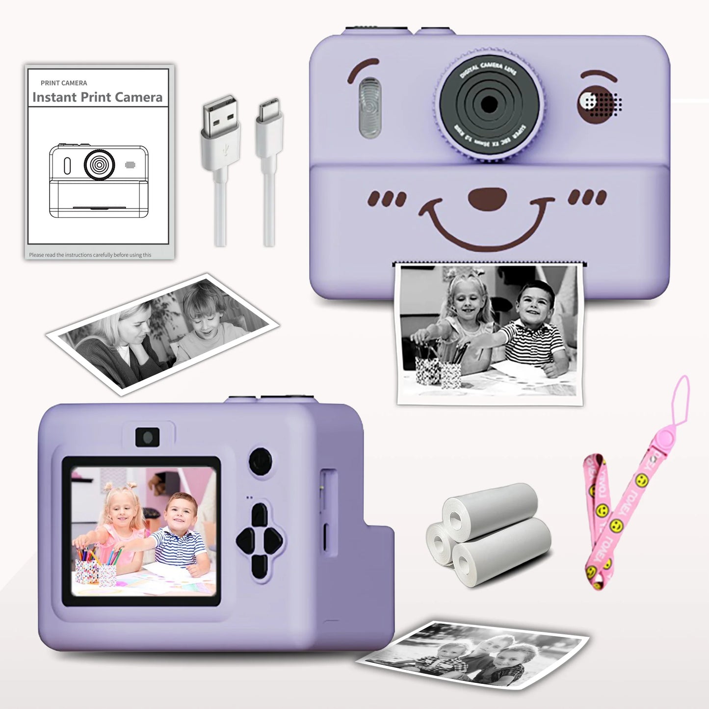 Instant Camera for Kids with 3 Rolls of Thermal Paper, Photo, Video, and Games, 1080p HD Screen, 1500mAh Lithium Battery, Gift for Boys and Girls