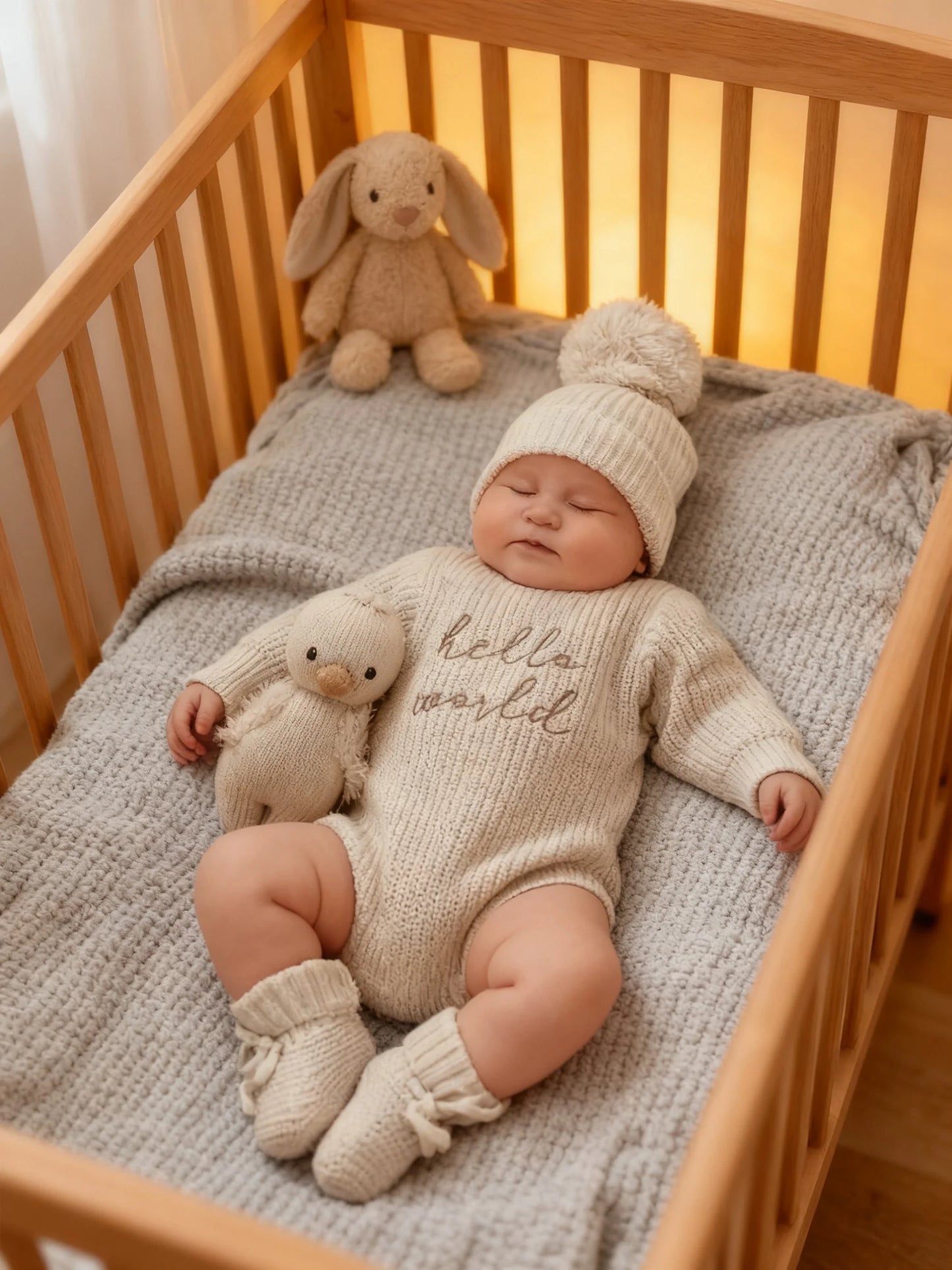 Barboteuse tricotée pour nouveau-né — chapeau à pompon, pull bébé garçon et fille, séance photo HD (v5)